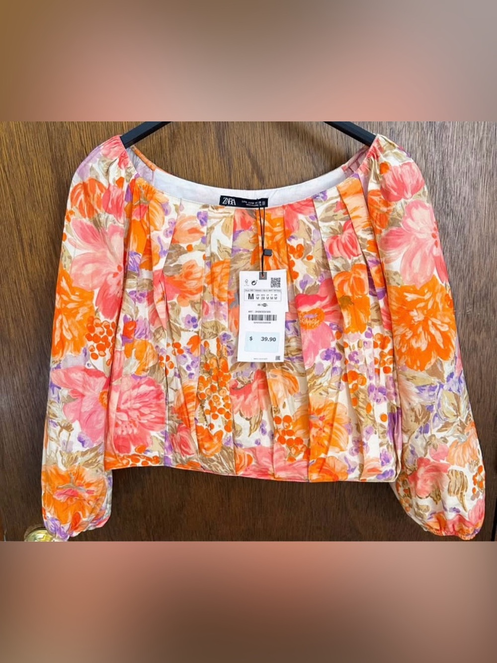 Zara Pink & Orange Floral Pleated Crop Top